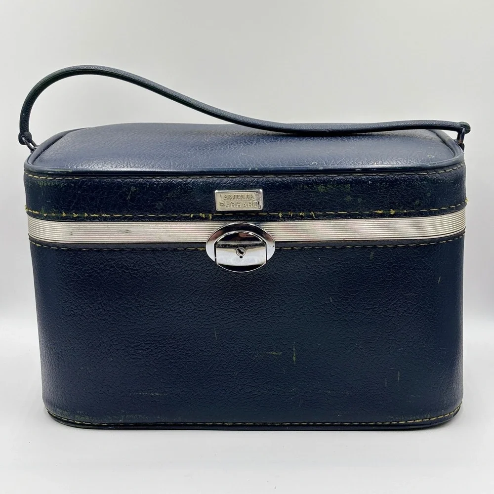 Vintage Amelia Earhart Train Case Navy Blue Hard Shell Vanity Makeup Travel Bag